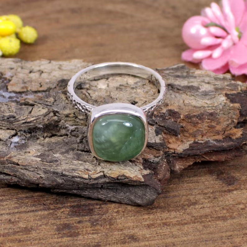 Cushion Prehnite Gemstone Sterling Silver Ring