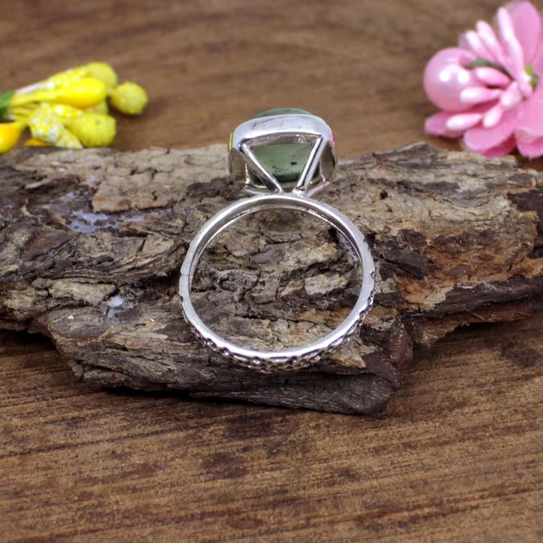 Cushion Prehnite Gemstone Sterling Silver Ring