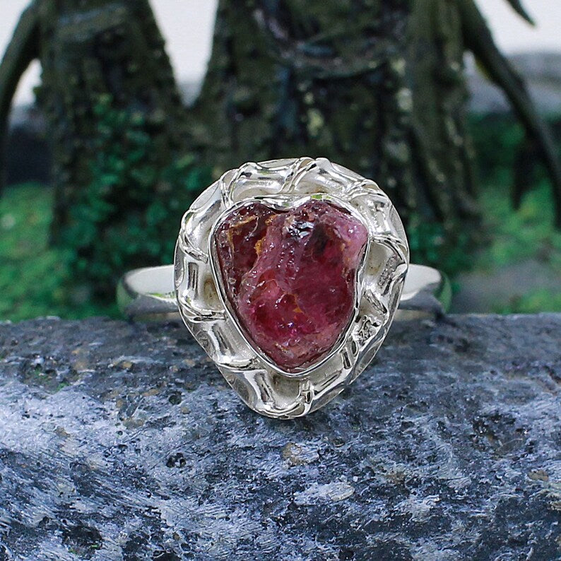 Natural Pink Tourmaline Rough Sterling Silver Ring