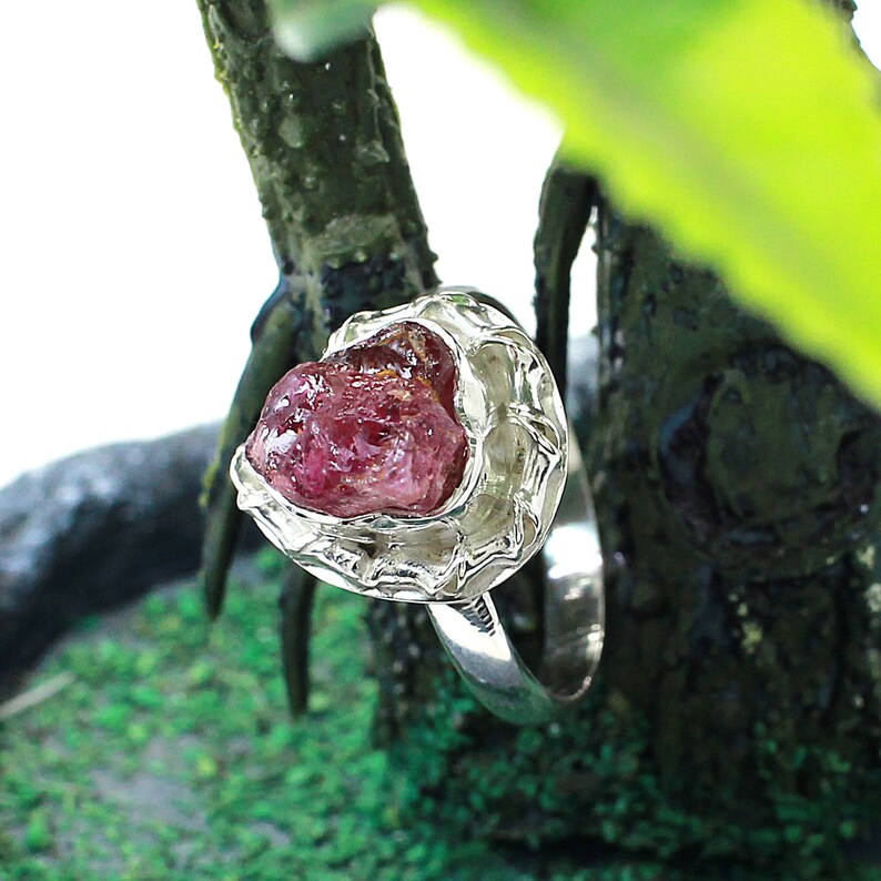 Natural Pink Tourmaline Rough Sterling Silver Ring