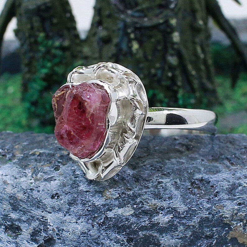 Natural Pink Tourmaline Rough Sterling Silver Ring