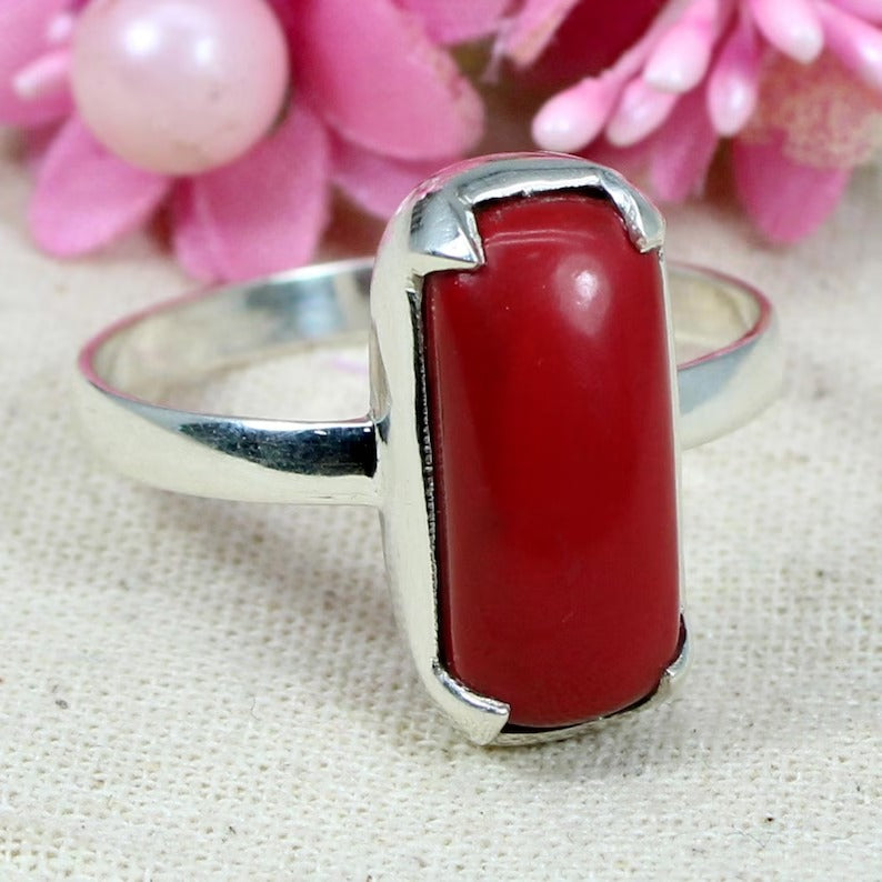 Red Coral Gemstone Sterling Silver Ring