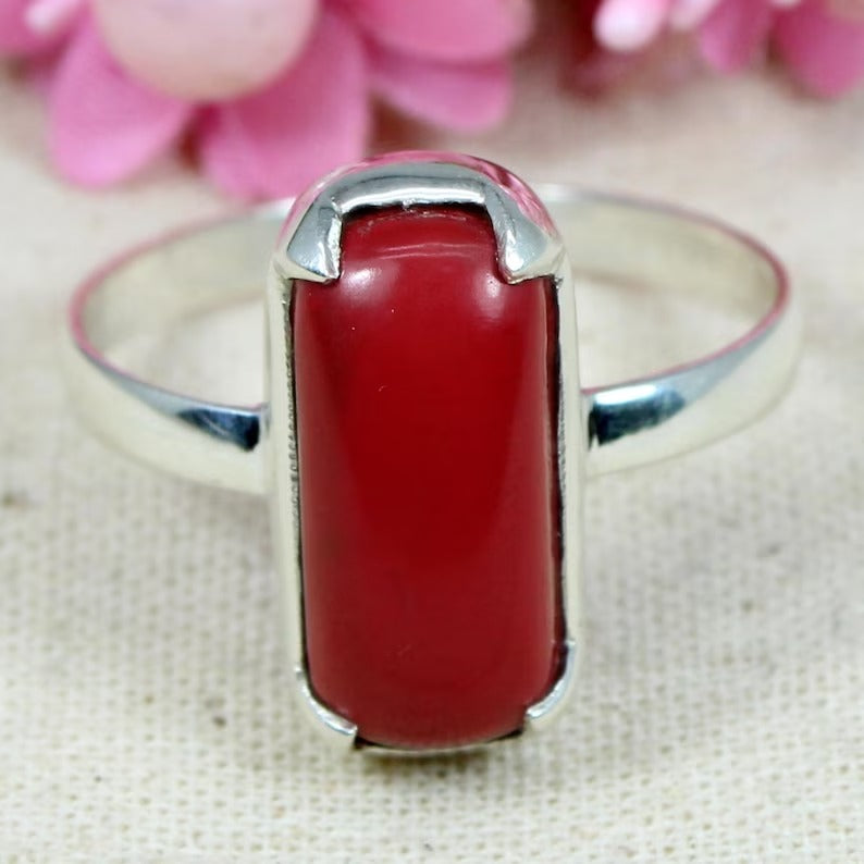 Red Coral Gemstone Sterling Silver Ring