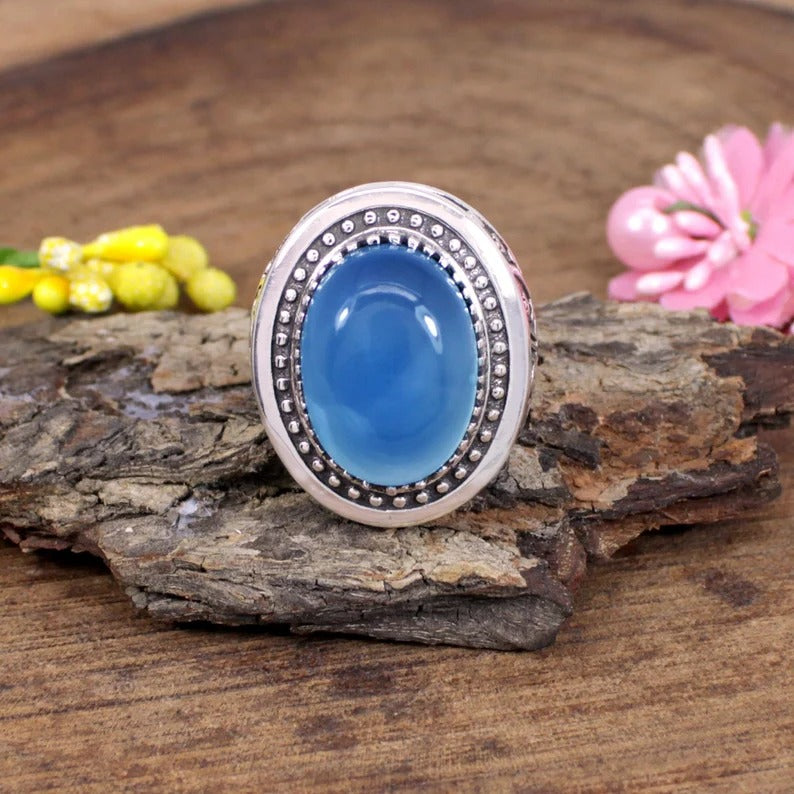 Natural Blue Chalcedony Gemstone Sterling Silver Ring