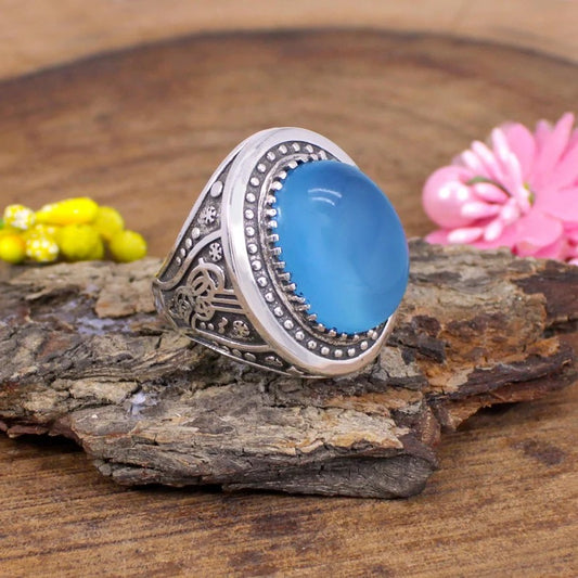 Natural Blue Chalcedony Gemstone Sterling Silver Ring