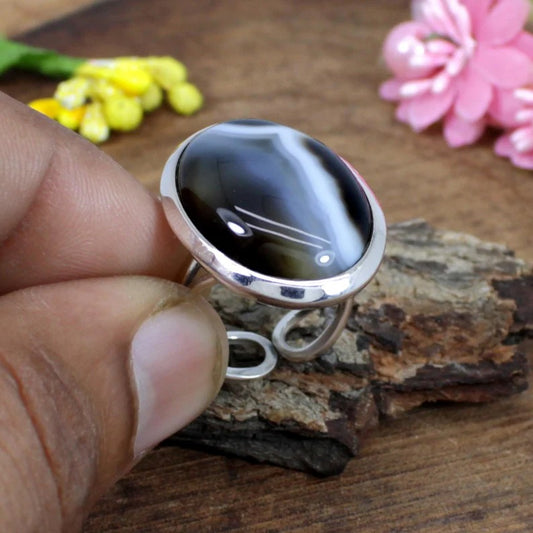 Natural Vintage Style Banded Black Onyx Silver Ring