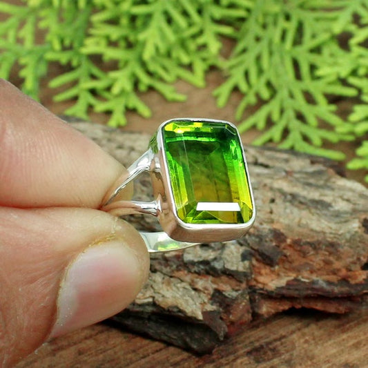 Yellow & Green Bio Color Doublet Gemstone 925 Sterling Silver Ring