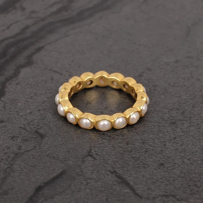 June Birthstone White Pearl Gemstone Sterling Silver Eternity Ring