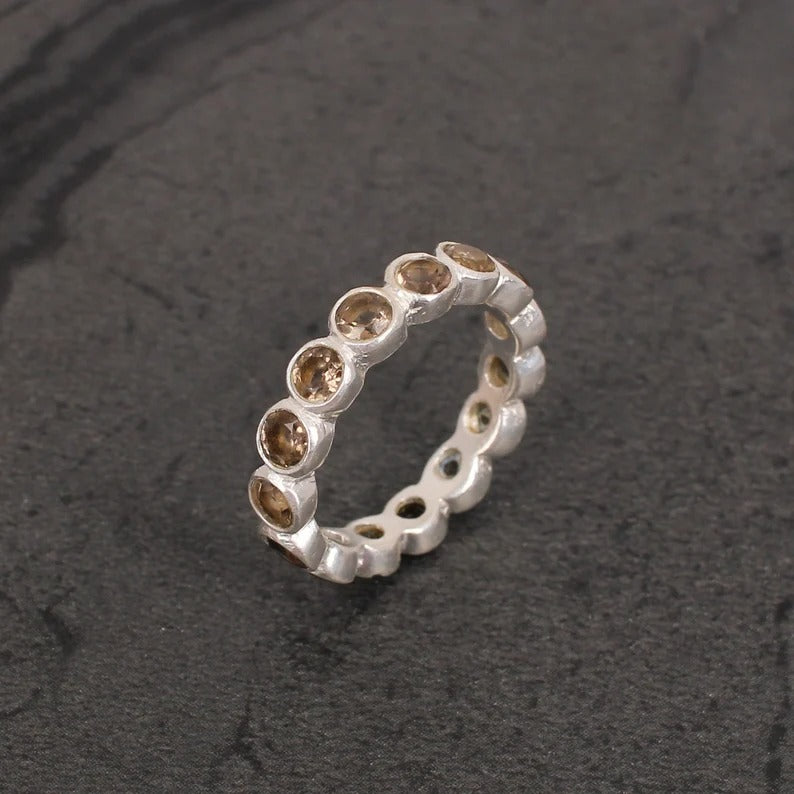 Smoky Quartz Gemstone Sterling Silver Eternity Ring