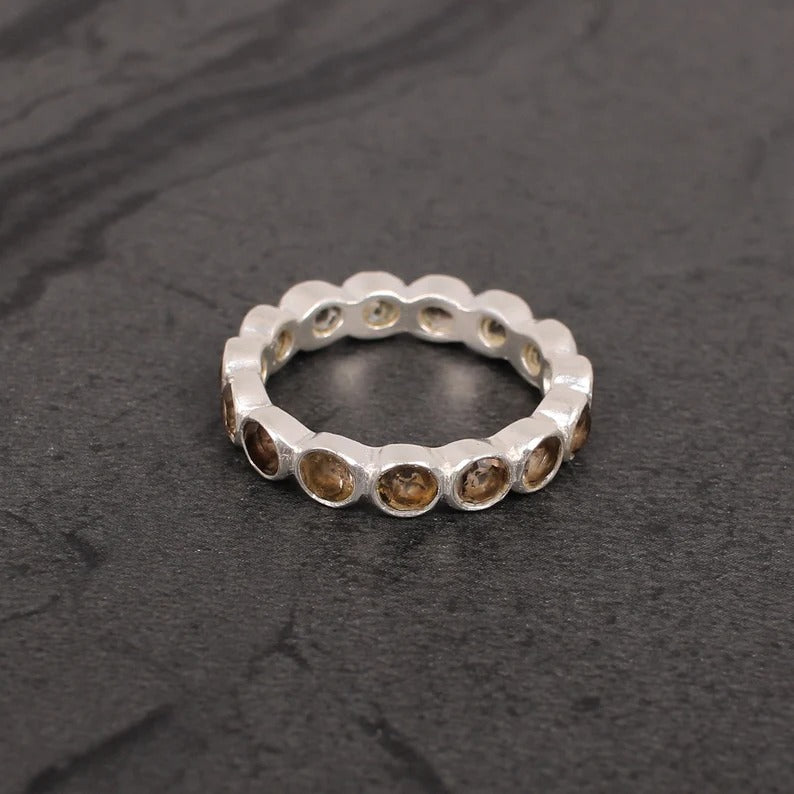 Smoky Quartz Gemstone Sterling Silver Eternity Ring