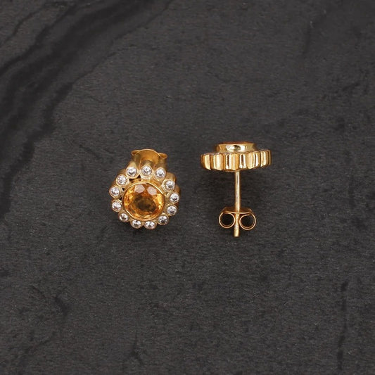 92.5 Silver Gold Plated Citrine Gemstone Stud Earrings