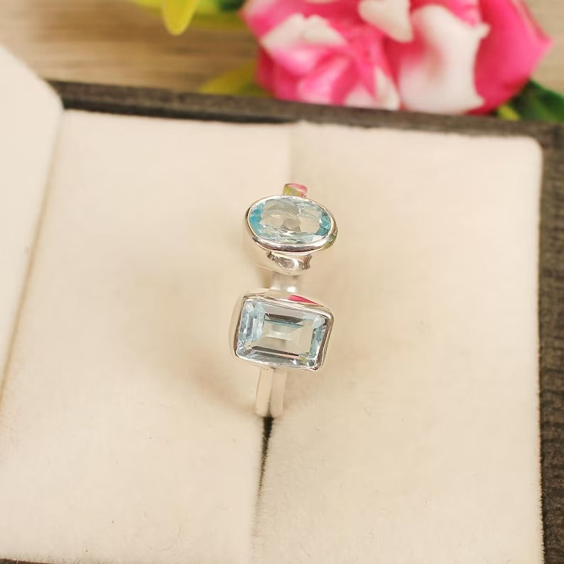 Sky Blue Topaz Double Gemstone 92.5 Sterling Silver Ring