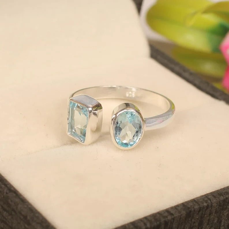 Sky Blue Topaz Double Gemstone 92.5 Sterling Silver Ring