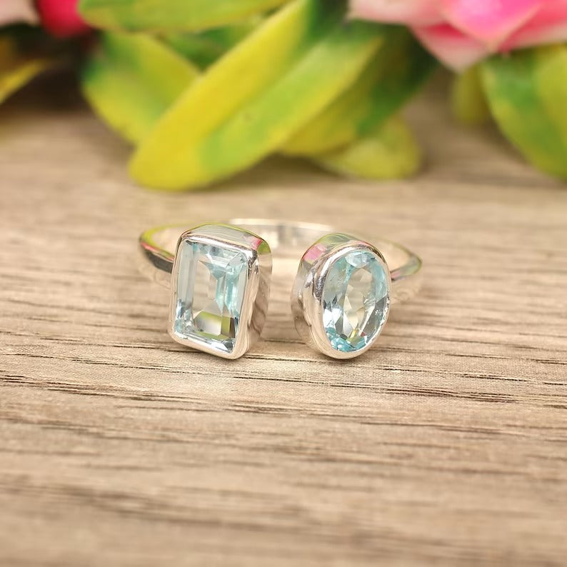 Sky Blue Topaz Double Gemstone 92.5 Sterling Silver Ring