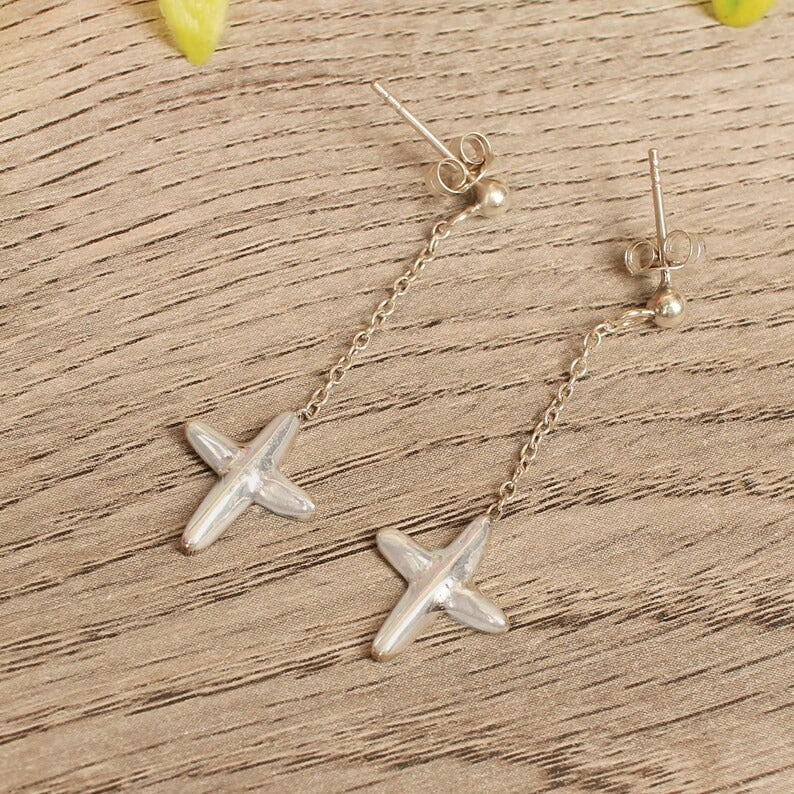 Cross Long Chain Stud Minimalist 925 Sterling Silver Earrings