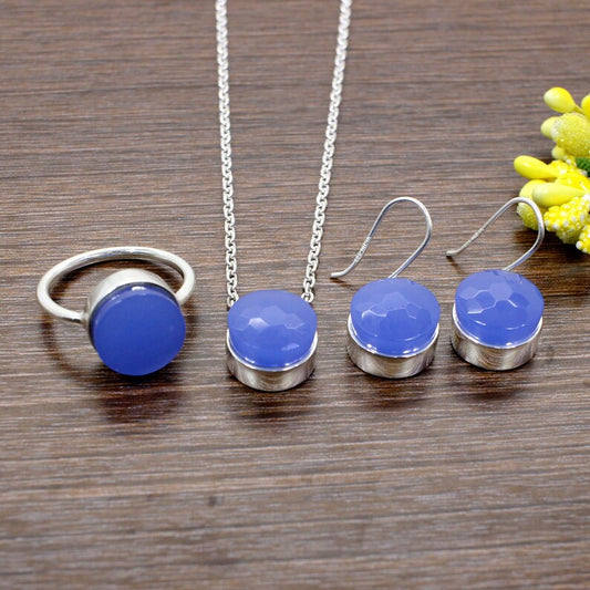 92.5 Sterling Silver Blue Chalcedony Gemstone Jewelry Set