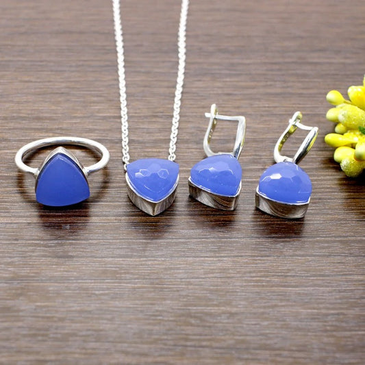 92.5 Sterling Silver Blue Chalcedony Gemstone Jewelry Set