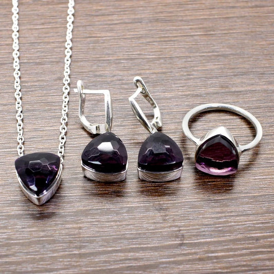 92.5 Sterling Silver Trillion Pink Amethyst Gemstone Jewelry Set