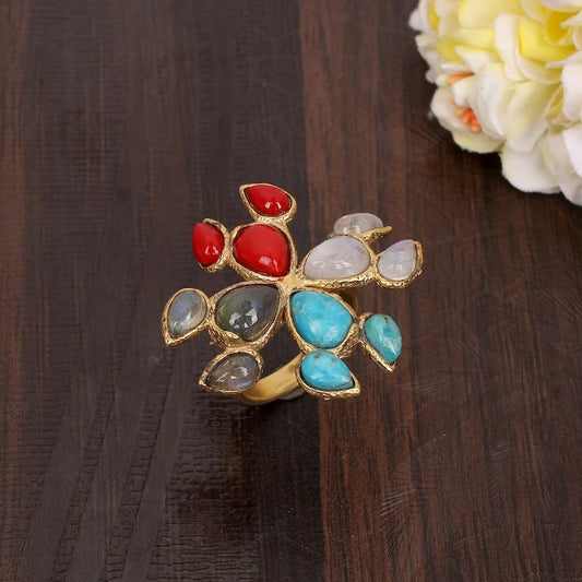Natural Rainbow Moonstone-Red Coral-Labradorite-Turquoise Gemstone Gold Plated Brass Ring