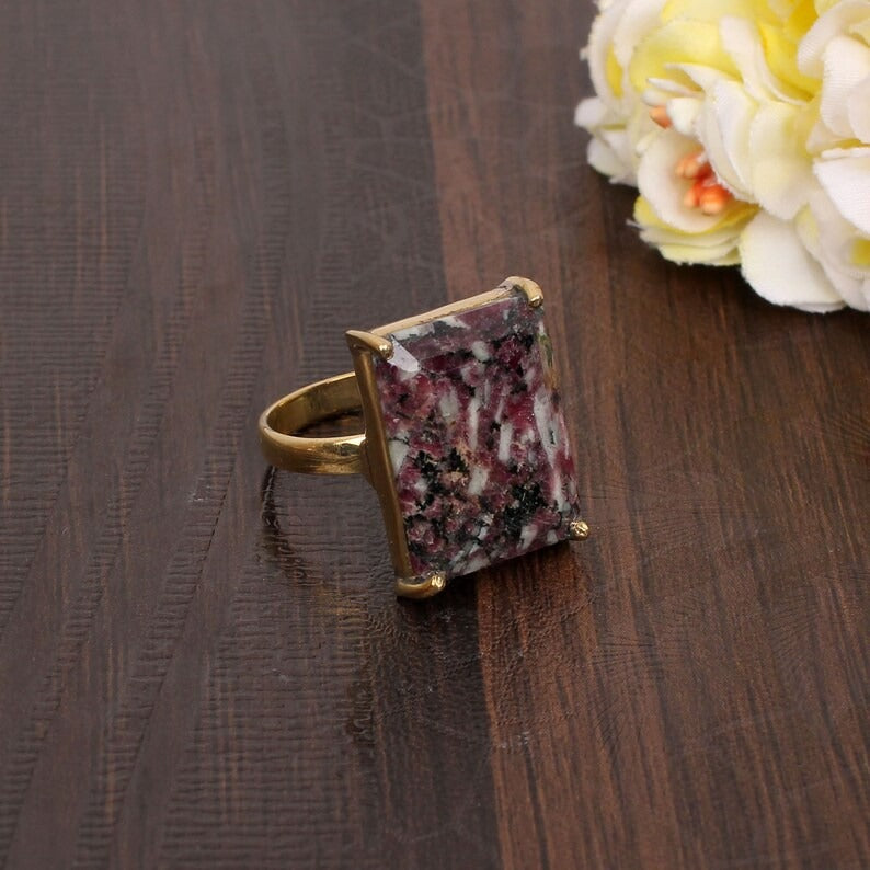 Natural Eudialyte Gemstone Gold Plated Brass Ring