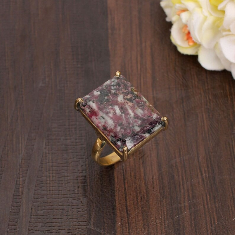 Natural Eudialyte Gemstone Gold Plated Brass Ring