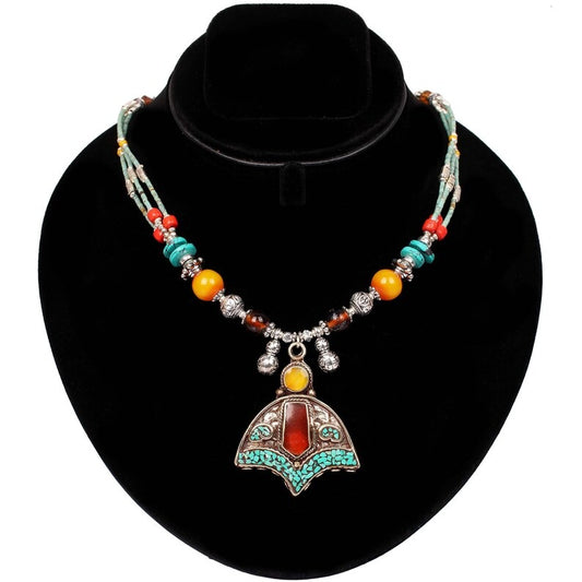 Natural Turquoise - Coral - Chinese Carnelian Gemstone Nepali Style Necklace