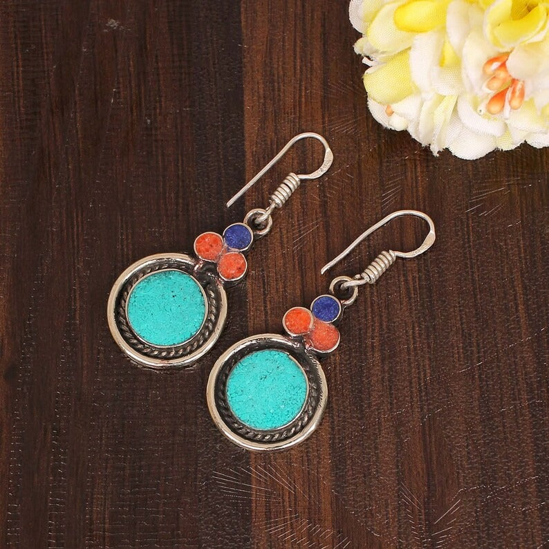 Natural Lapis Lazuli & Turquoise And Coral Gemstone Earring