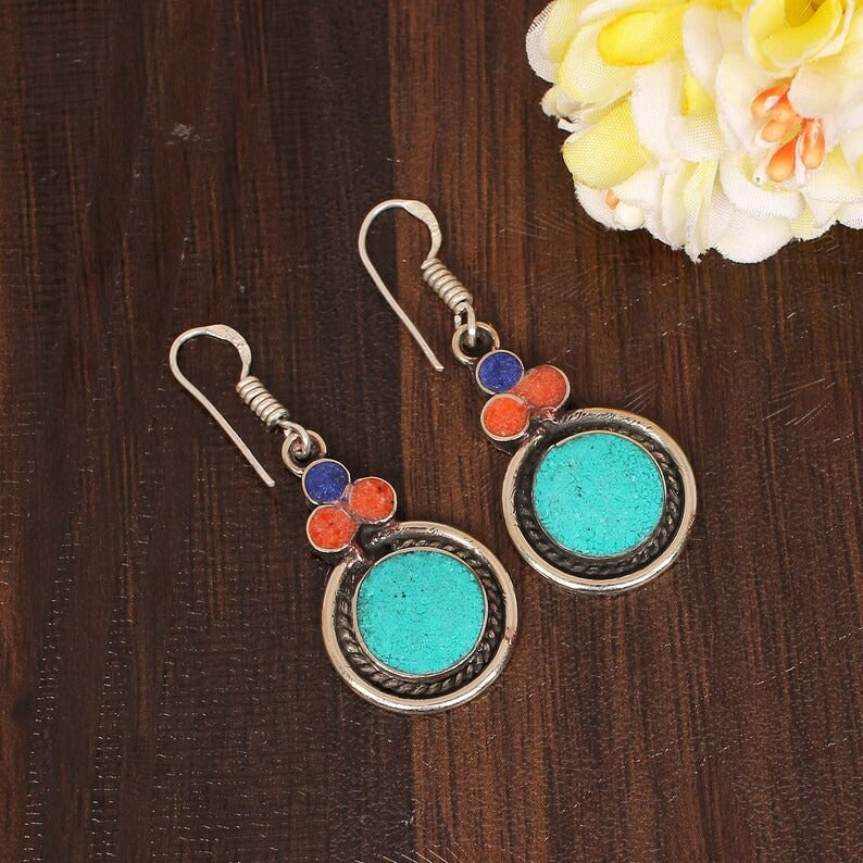 Natural Lapis Lazuli & Turquoise And Coral Gemstone Earring