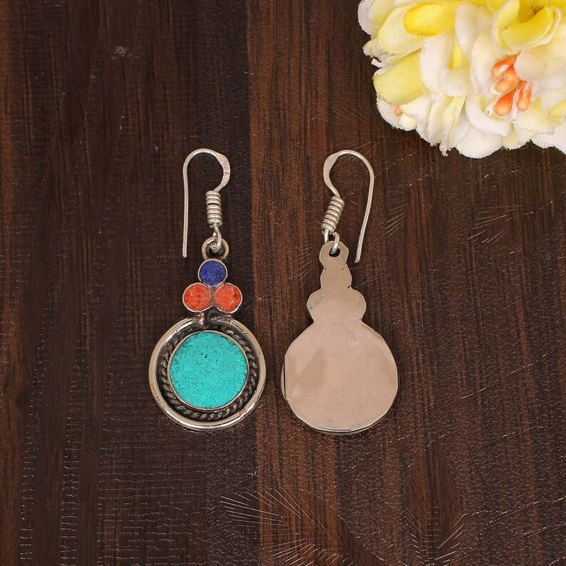 Natural Lapis Lazuli & Turquoise And Coral Gemstone Earring