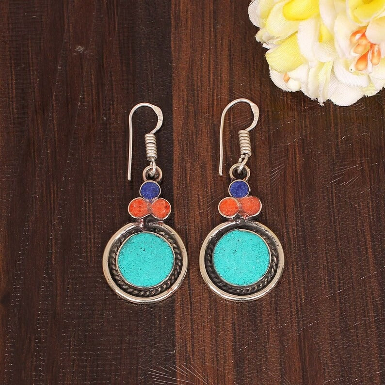 Natural Lapis Lazuli & Turquoise And Coral Gemstone Earring