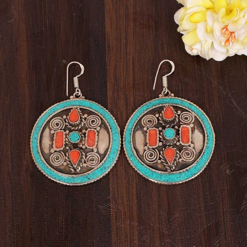 Turquoise & Red Coral Gemstone Dangle Brass Earring