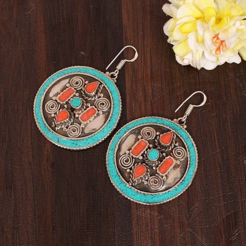 Turquoise & Red Coral Gemstone Dangle Brass Earring