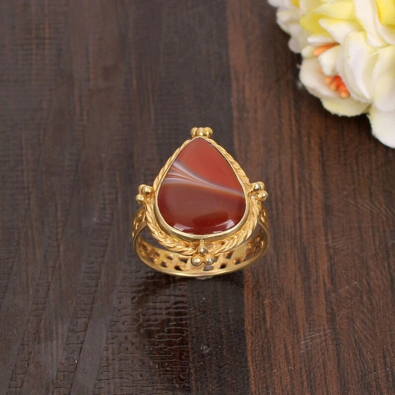 Natural Red Sardonyx Gemstone Brass Gold Plated Ring