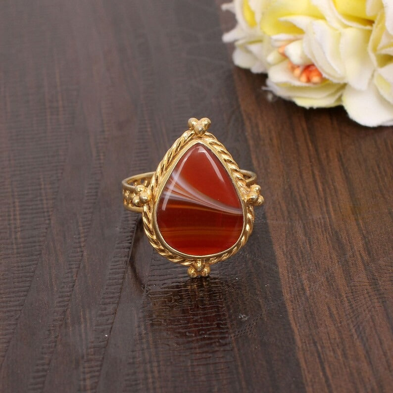 Natural Red Sardonyx Gemstone Brass Gold Plated Ring