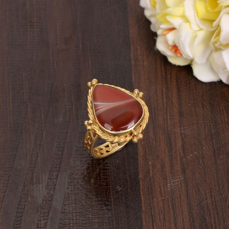 Natural Red Sardonyx Gemstone Brass Gold Plated Ring