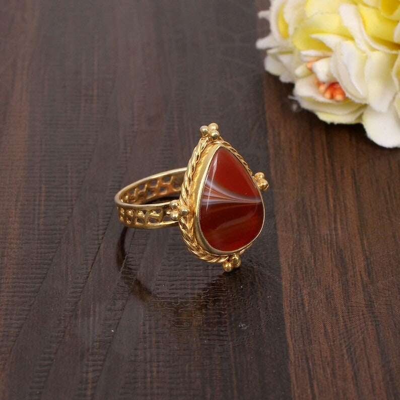 Natural Red Sardonyx Gemstone Brass Gold Plated Ring