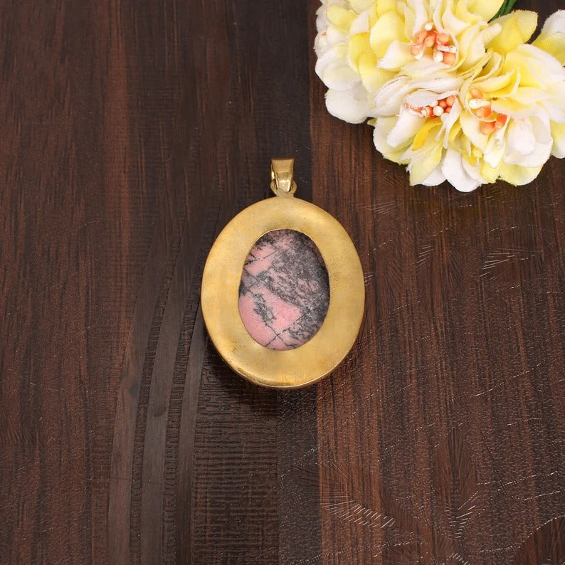 Rhodonite Gemstone Gold Plated Brass Pendant