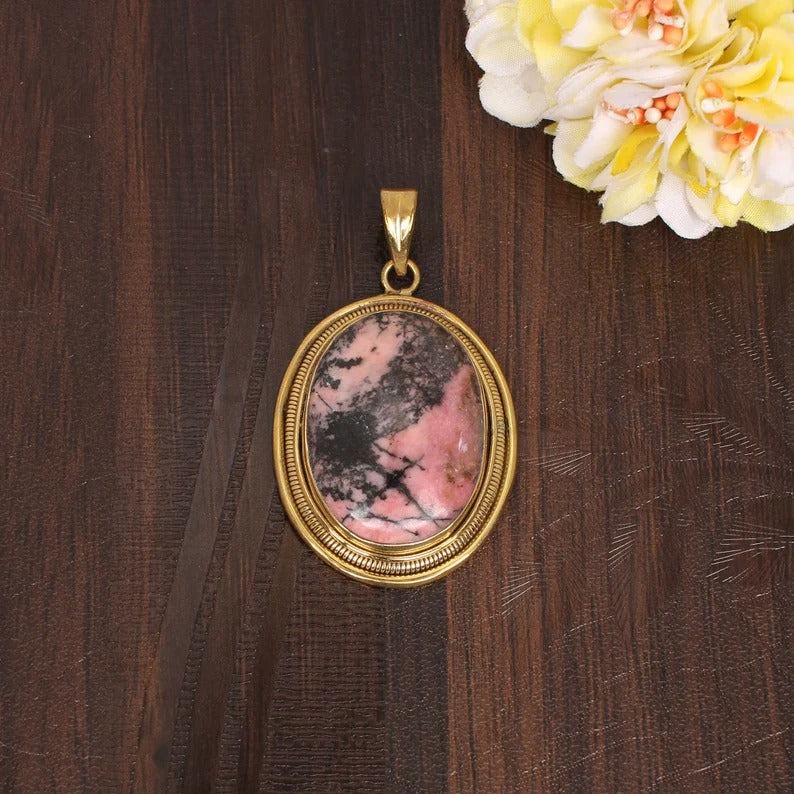 Rhodonite Gemstone Gold Plated Brass Pendant