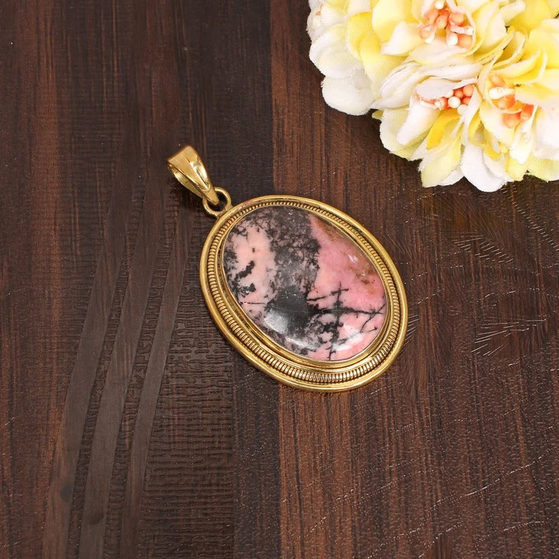 Rhodonite Gemstone Gold Plated Brass Pendant