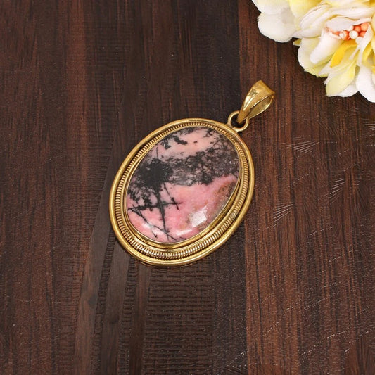 Rhodonite Gemstone Gold Plated Brass Pendant