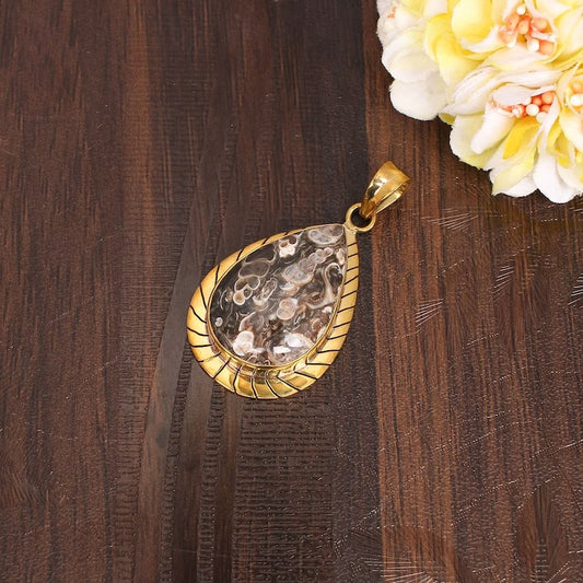 Natural Turtella Jasper Gemstone Gold Plated Pendant