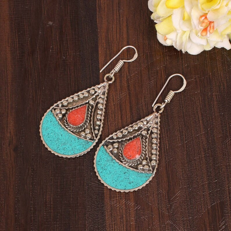 Natural Turquoise & Coral Gemstone Earring