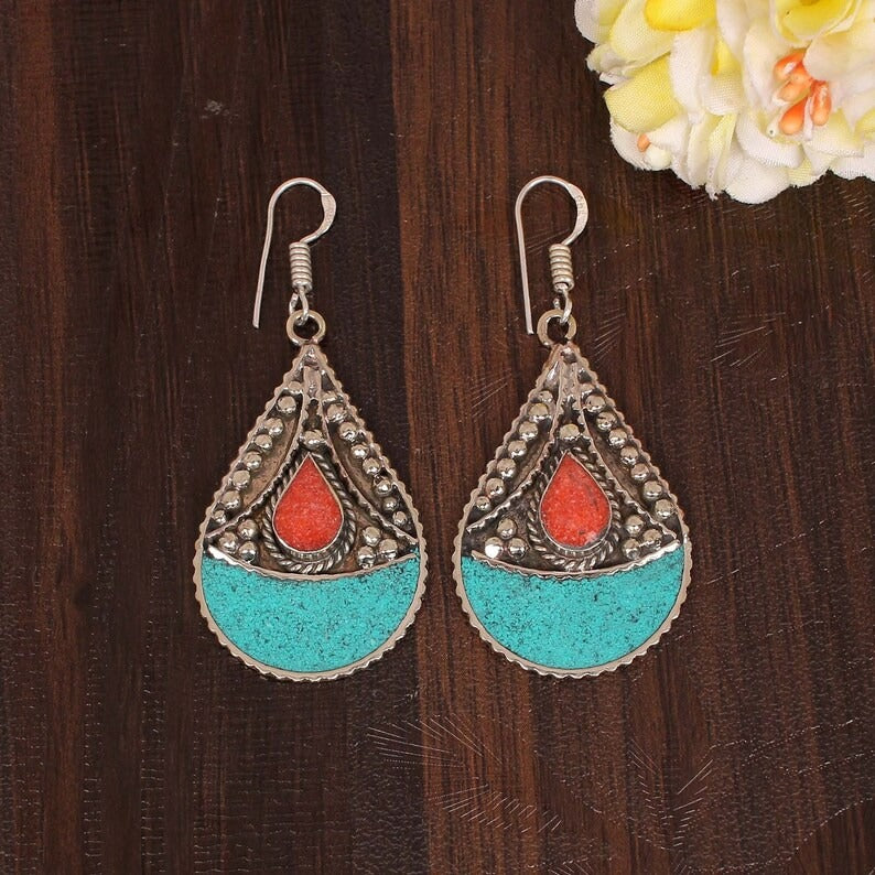 Natural Turquoise & Coral Gemstone Earring