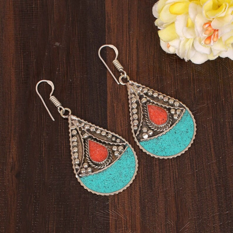 Natural Turquoise & Coral Gemstone Earring