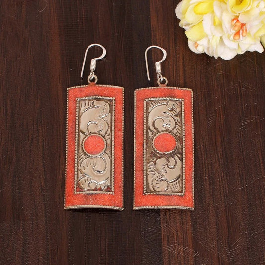 Red Coral Gemstone Made In Nepal Brass Earrings