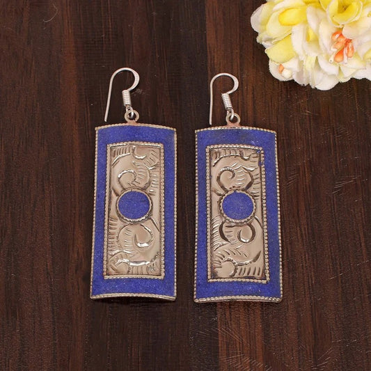 Natural Lapis Lazuli Gemstone Brass Earring