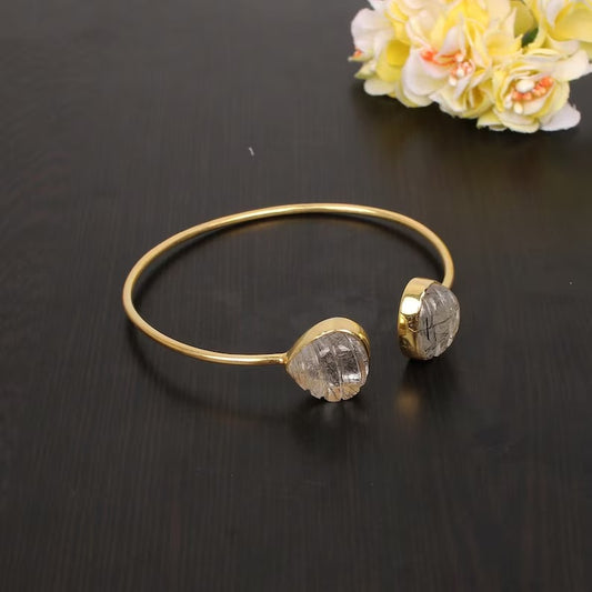 92.5 Sterling Silver Black Rutile Quartz Gemstone Bangle