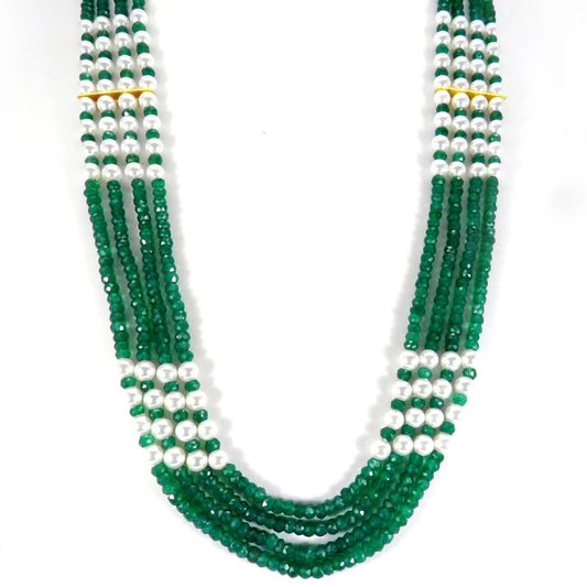 Faceted Green Onyx Pearl Beads Gemstone Brass Necklace