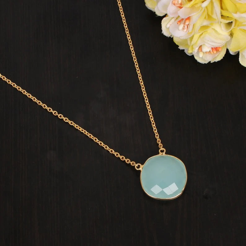 92.5 Sterling Silver Aqua Chalcedony Stone Necklace