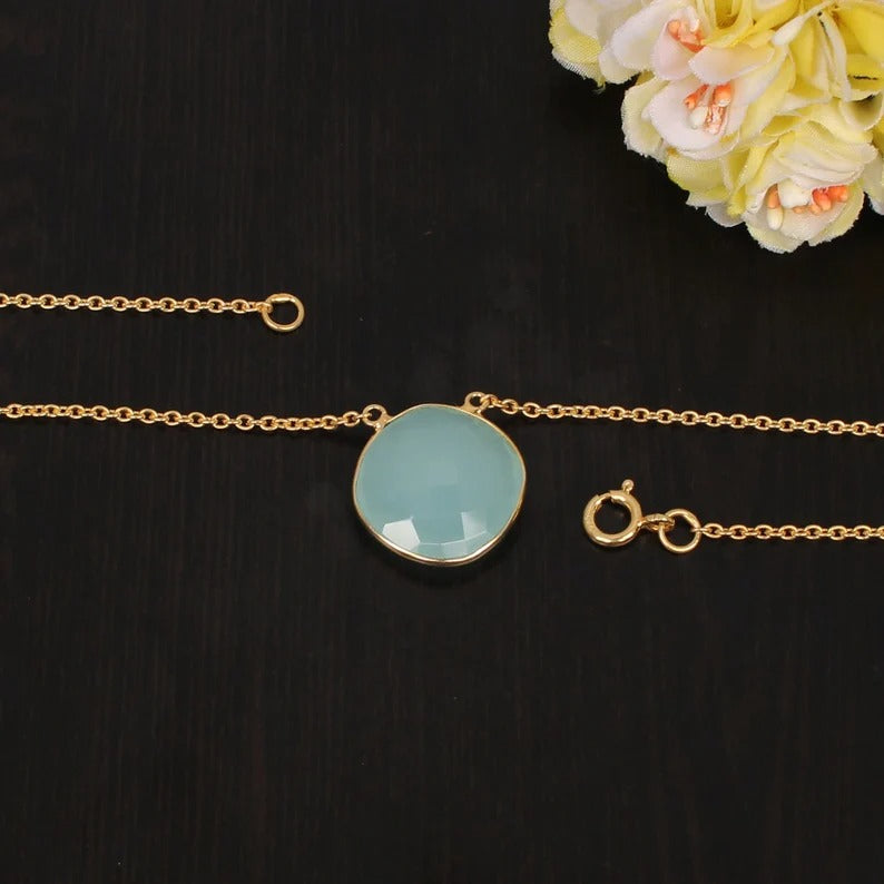 92.5 Sterling Silver Aqua Chalcedony Stone Necklace